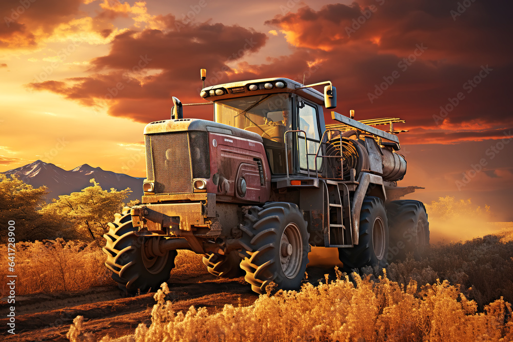 farm wheat field harvester under sunset