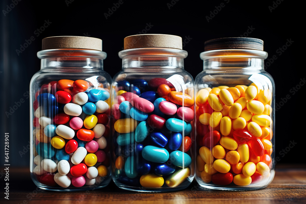 Colorful bottled sugar cubes on black background