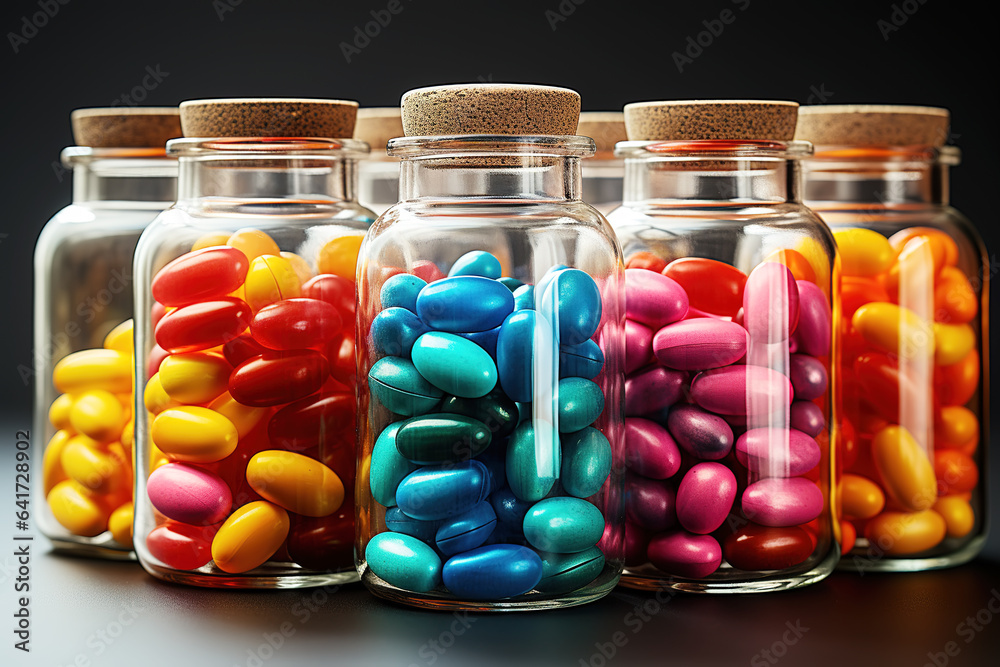 Colorful bottled sugar cubes on black background