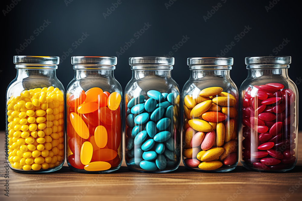 Colorful bottled sugar cubes on black background