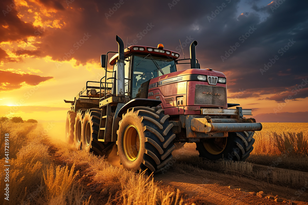 farm wheat field harvester under sunset