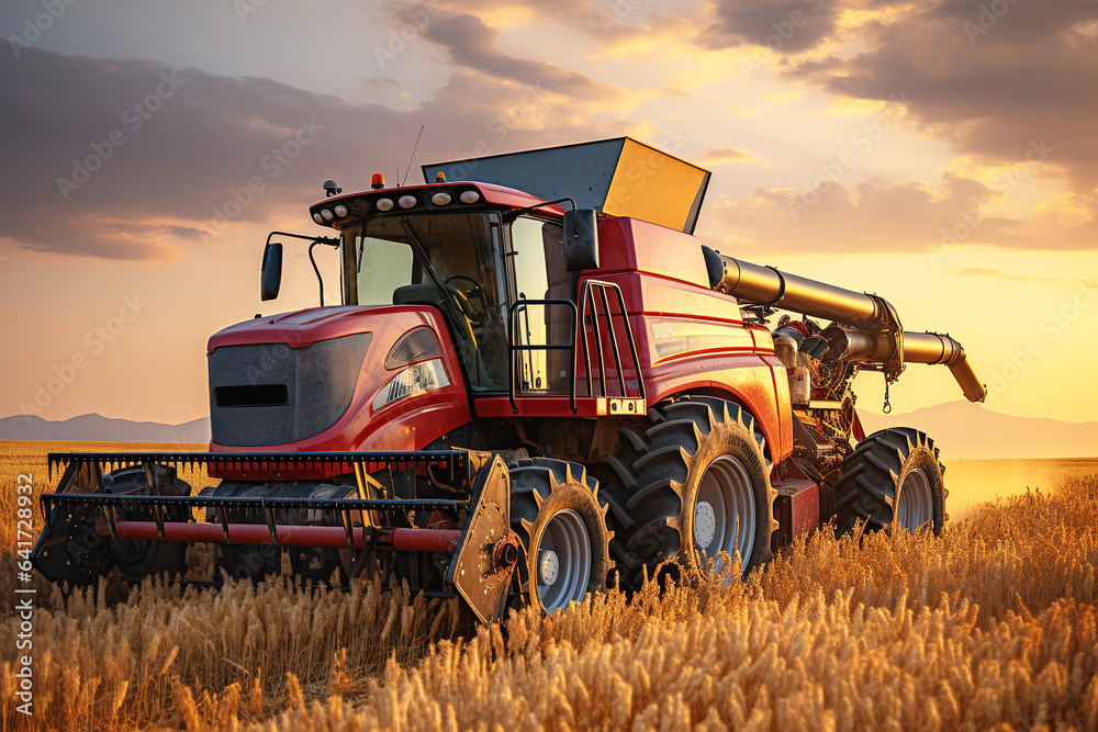 farm wheat field harvester under sunset