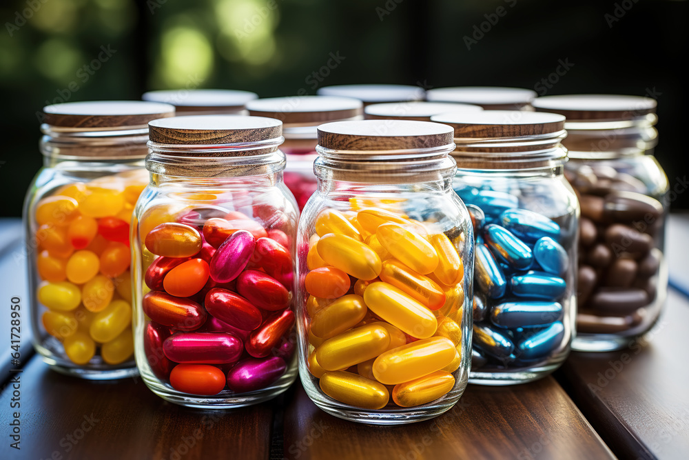 Colorful bottled sugar cubes on black background