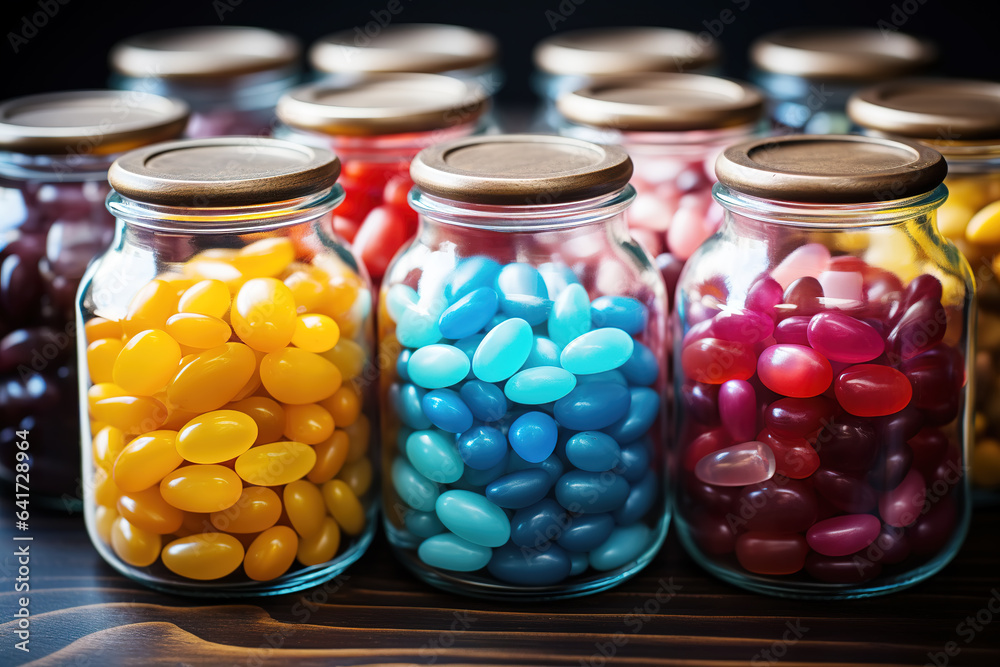 Colorful bottled sugar cubes on black background