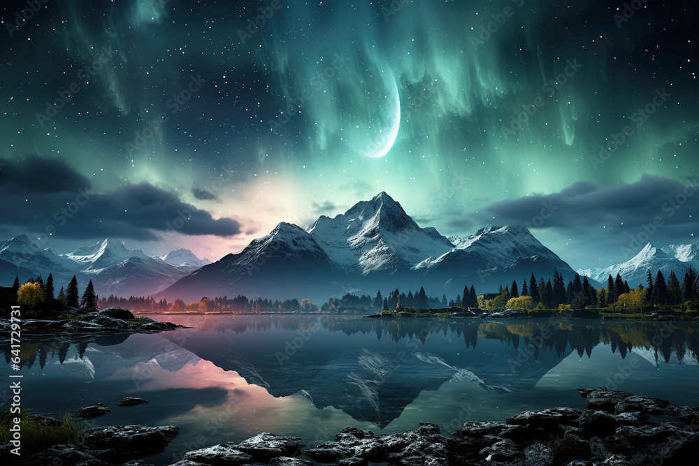   AI beautiful northern lights landscape in winter