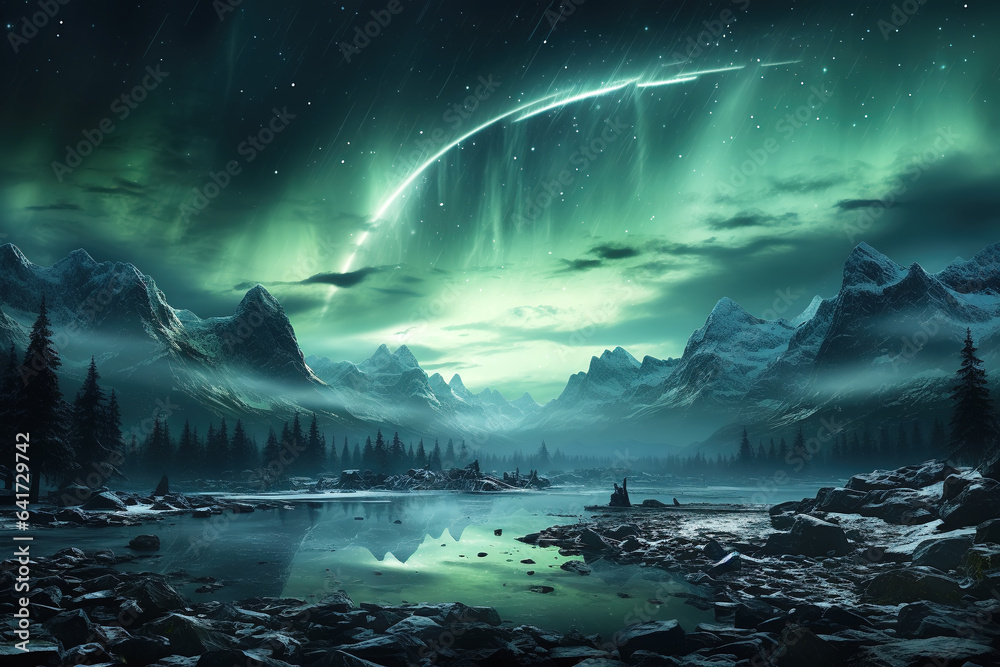   AI beautiful northern lights landscape in winter