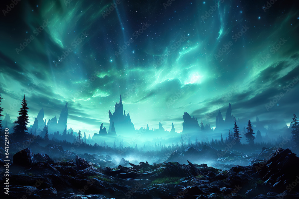   AI beautiful northern lights landscape in winter