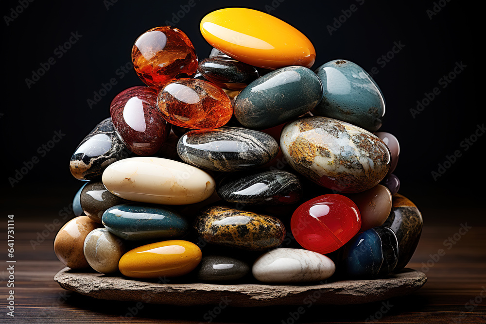 Pile of colored pebbles on a black background