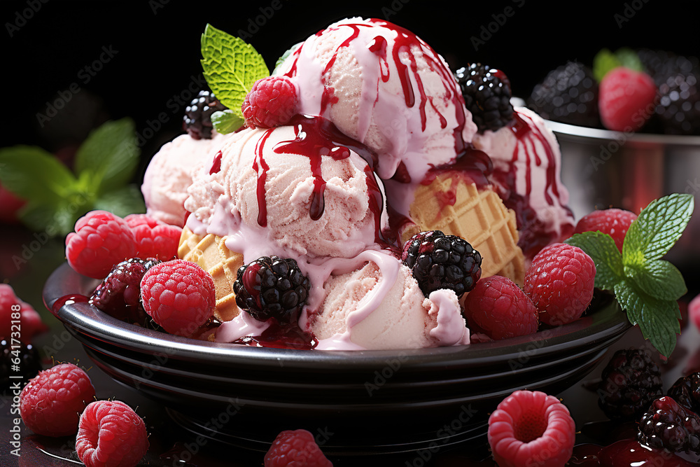 Raspberry strawberry ice cream in a plate on a black background