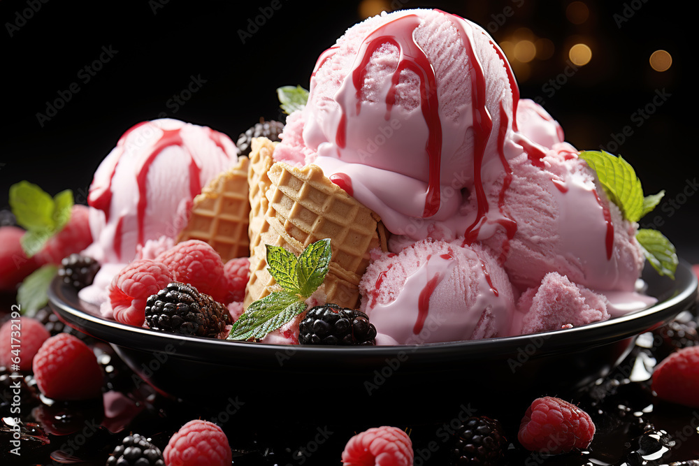 Raspberry strawberry ice cream in a plate on a black background