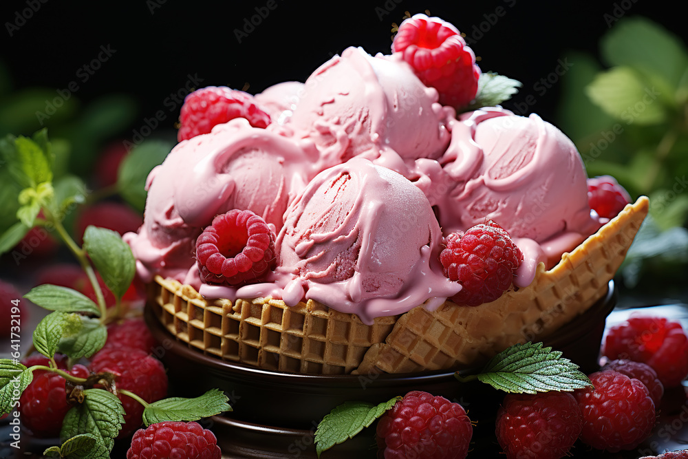 Raspberry strawberry ice cream in a plate on a black background