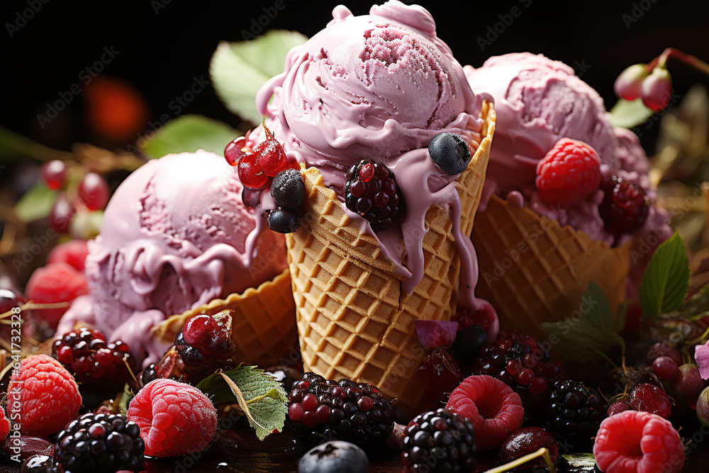 Raspberry strawberry ice cream in a plate on a black background