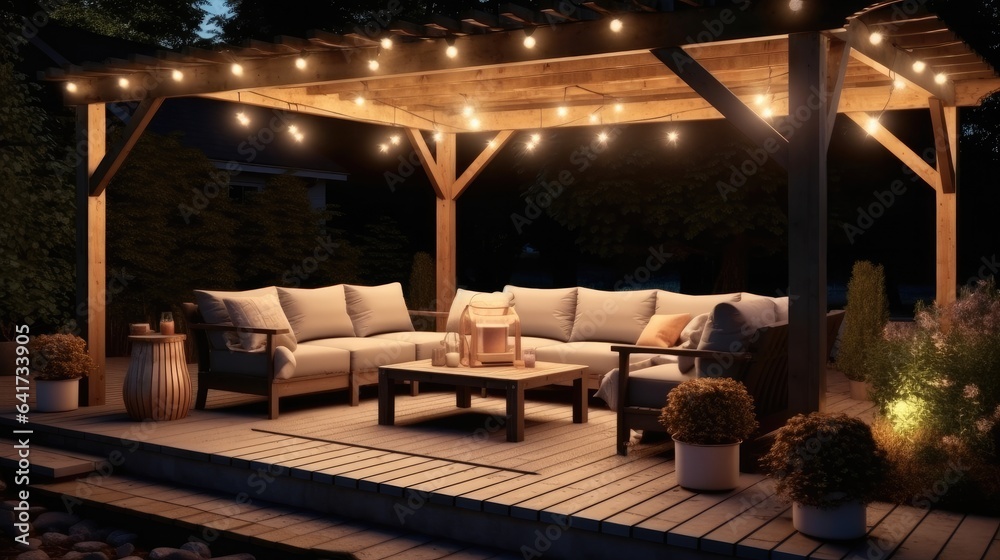 Simple patio furniture and string lights surrounded by greenery at night.