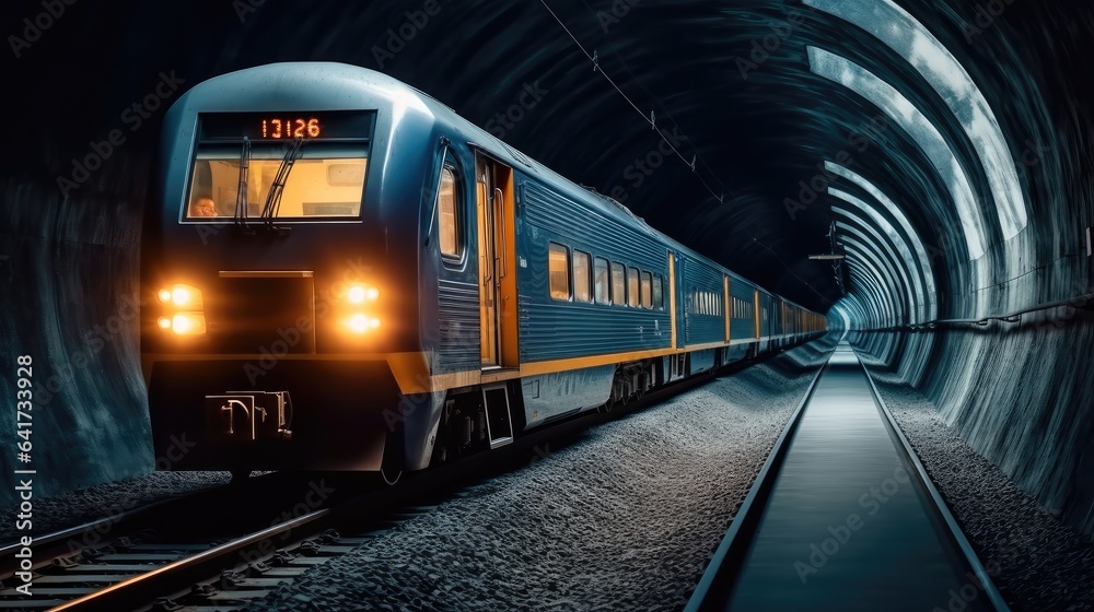 Subway, A train travels through a tunnel.