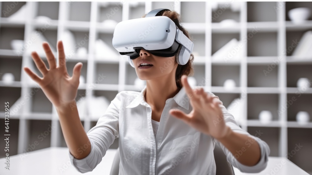 Asian woman Architect designer wearing VR headset for BIM technology working together design 3D mode