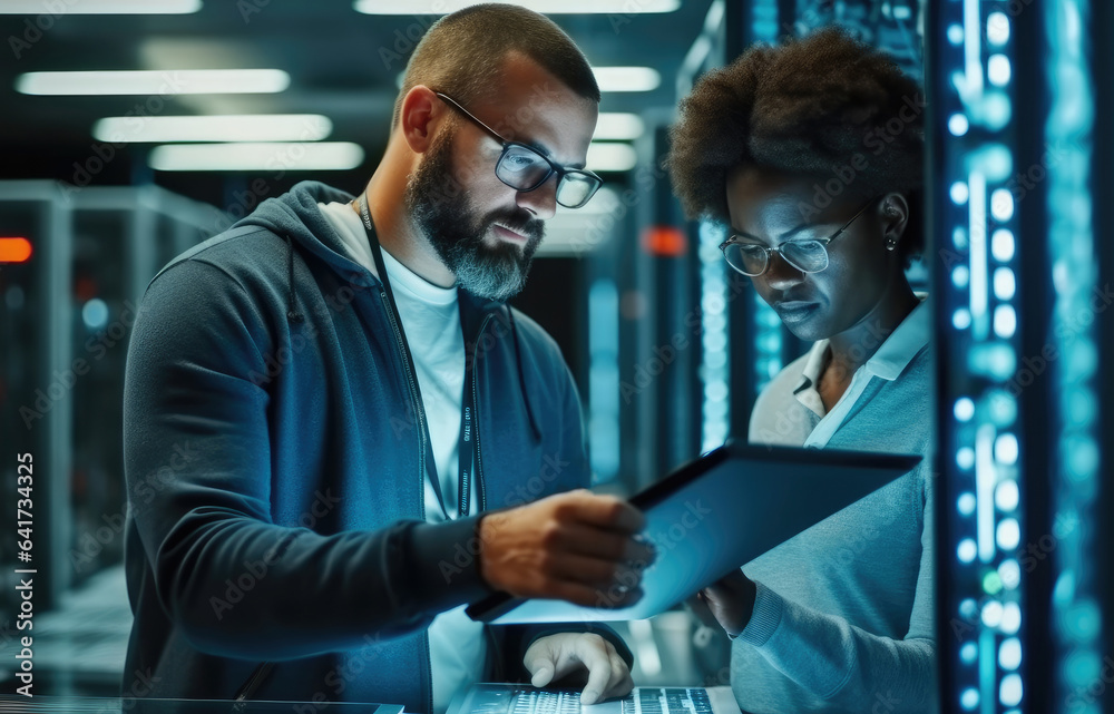 IT Technician works on laptop computer and woman colleague in data center while working next to serv