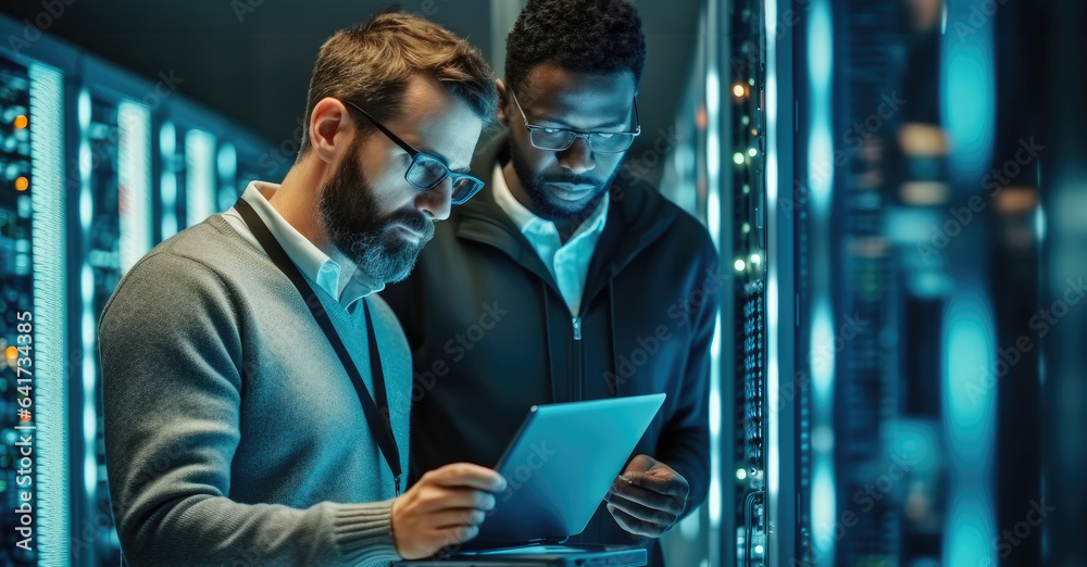 IT Technician works on laptop computer and black male engineer colleague in Data Center while workin