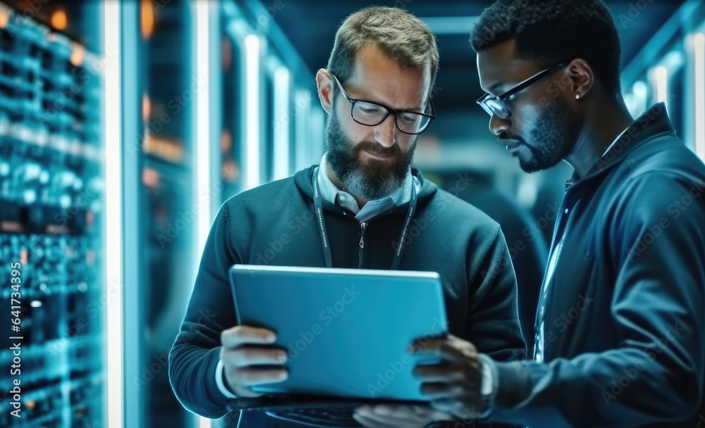 IT Technician works on laptop computer and black male engineer colleague in Data Center while workin