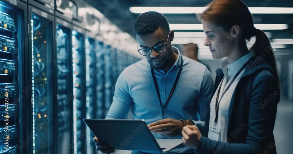 IT Technician works on laptop computer and woman colleague in data center while working next to serv