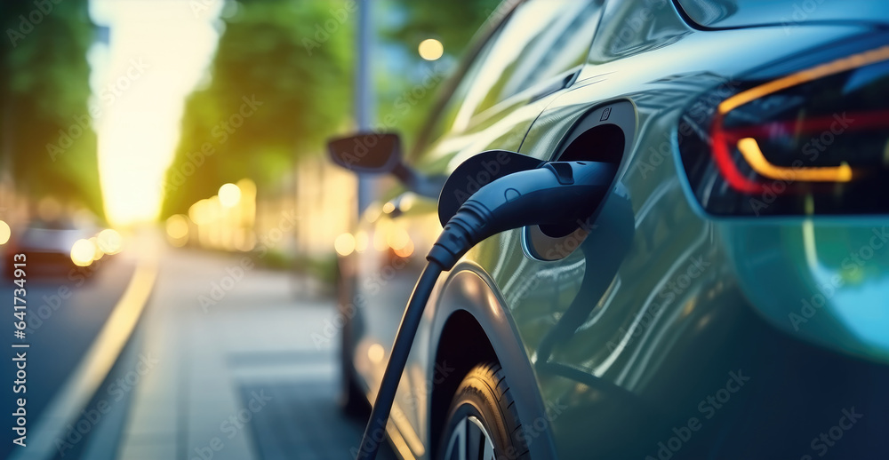 Electric car is charging in parking lot.