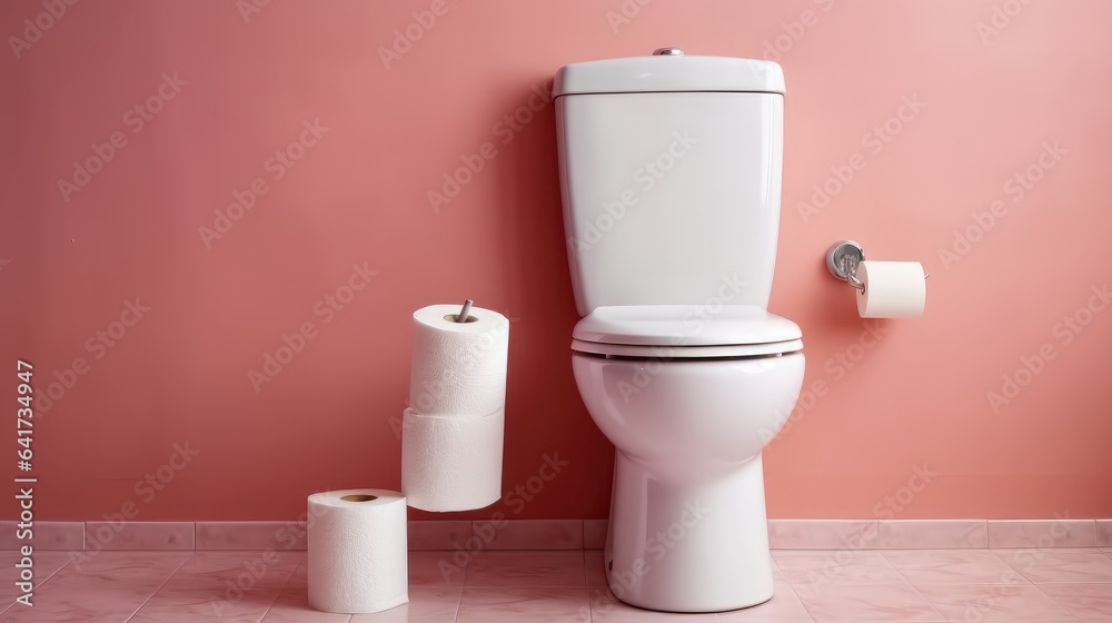 Modern toilet room interior, Ceramic toilet bowl and paper rolls near pink wall.