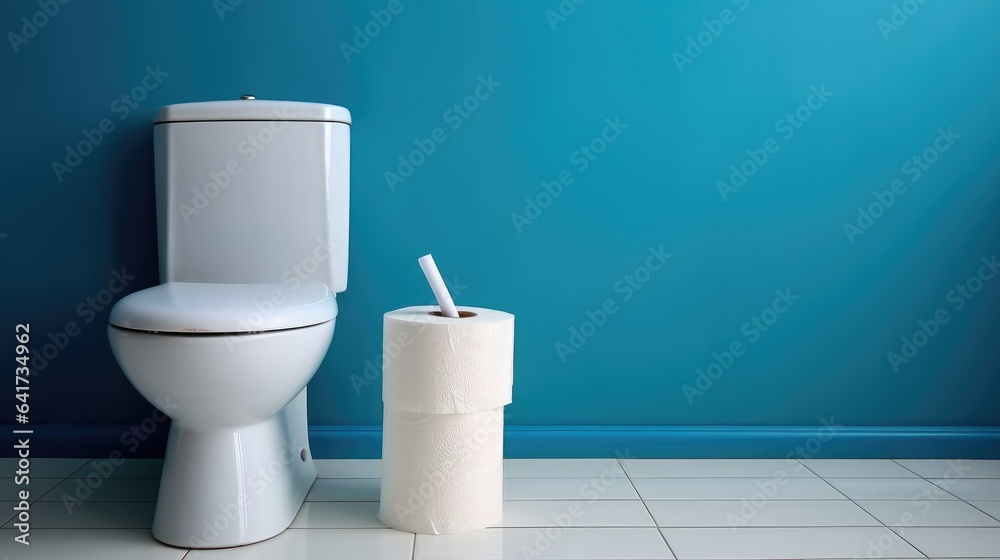 Modern toilet room interior, Ceramic toilet bowl and paper rolls near blue wall.