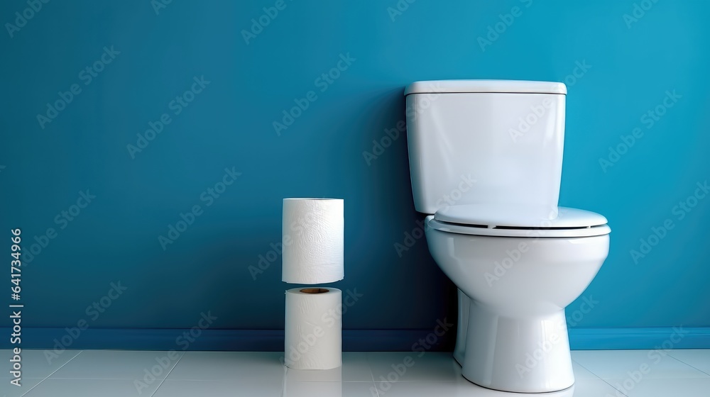 Modern toilet room interior, Ceramic toilet bowl and paper rolls near blue wall.