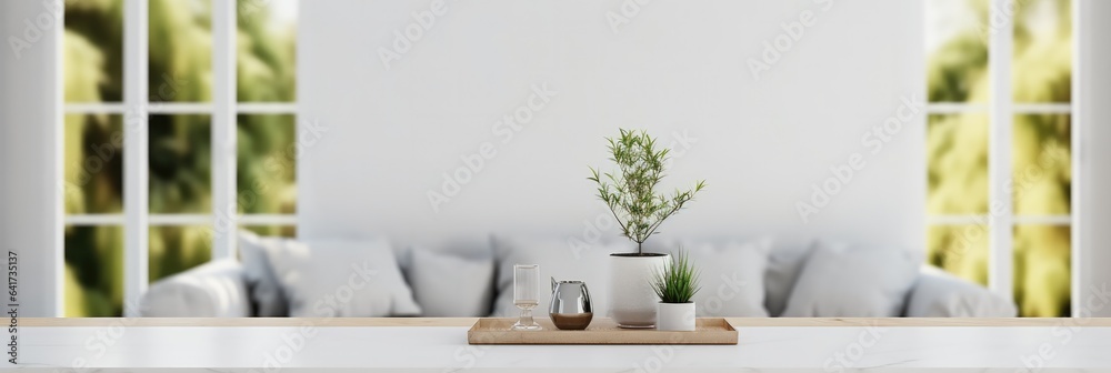 White tabletop in a modern white living room.