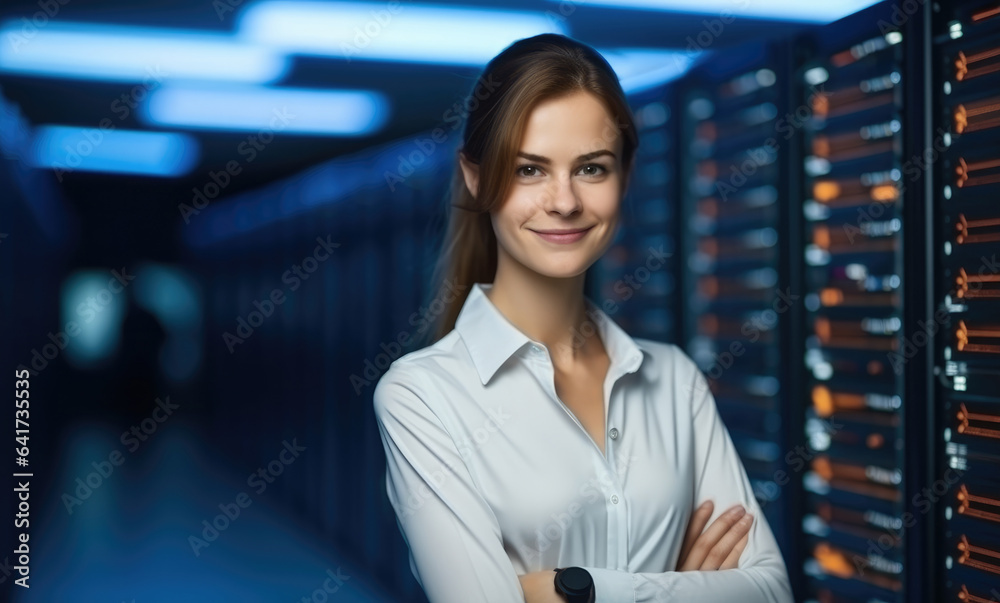 Female IT Specialist is standing in data center near server racks.