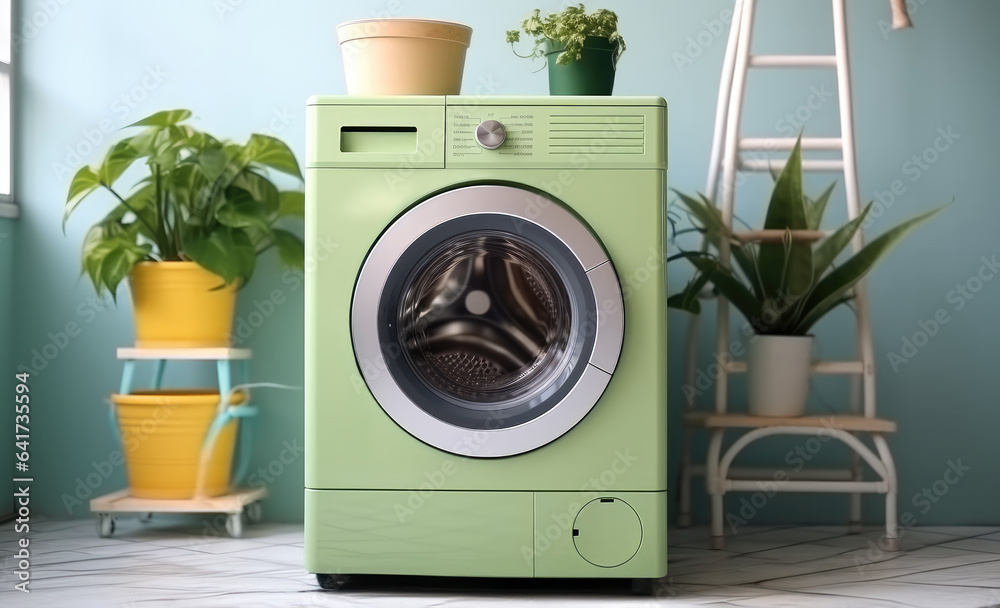 Modern bathroom with washing machine at home, Basket with dirty laundry.