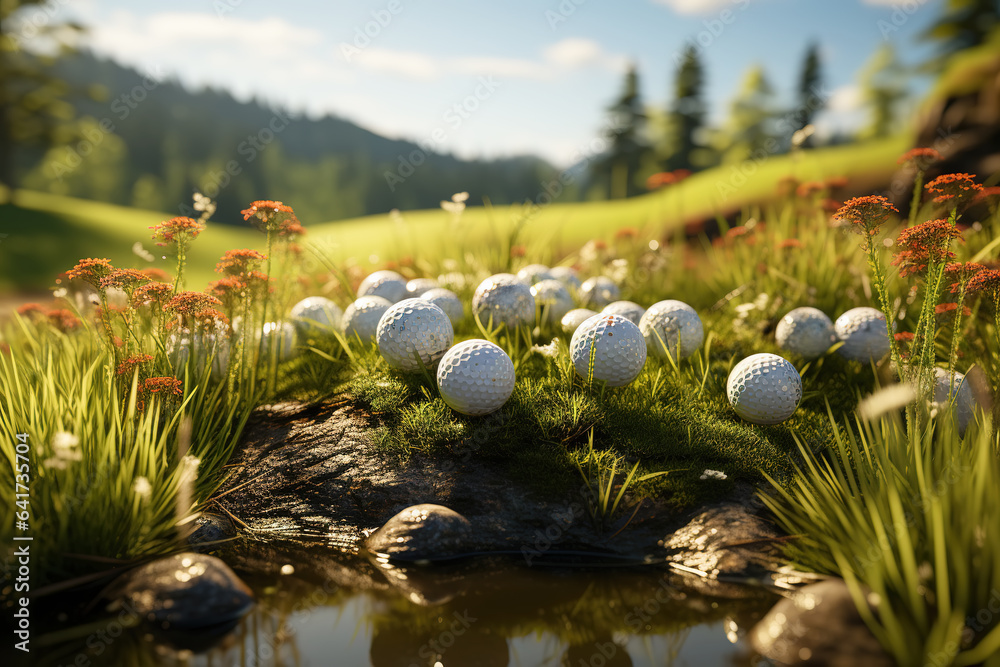 Stack of golf balls and golf equipment on green grass on golf course.