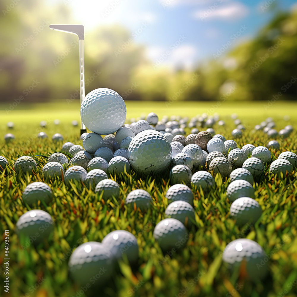 Stack of golf balls and golf equipment on green grass on golf course.