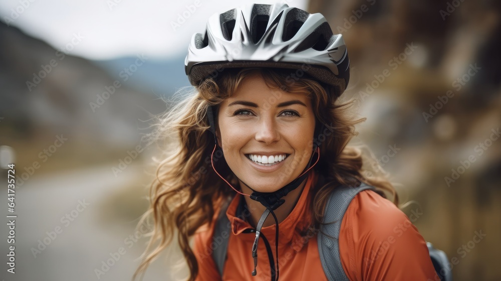 Happy beautiful lady in protective helmet riding bike exploring city, Enjoying.