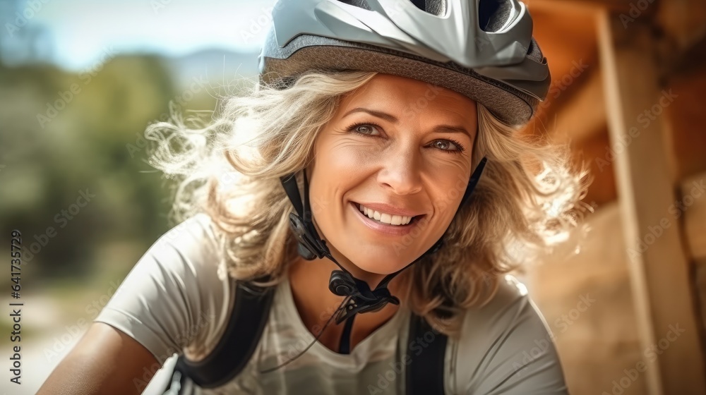 Happy beautiful woman in protective helmet riding bike exploring at city.