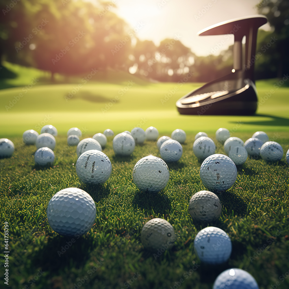 Stack of golf balls and golf equipment on green grass on golf course.