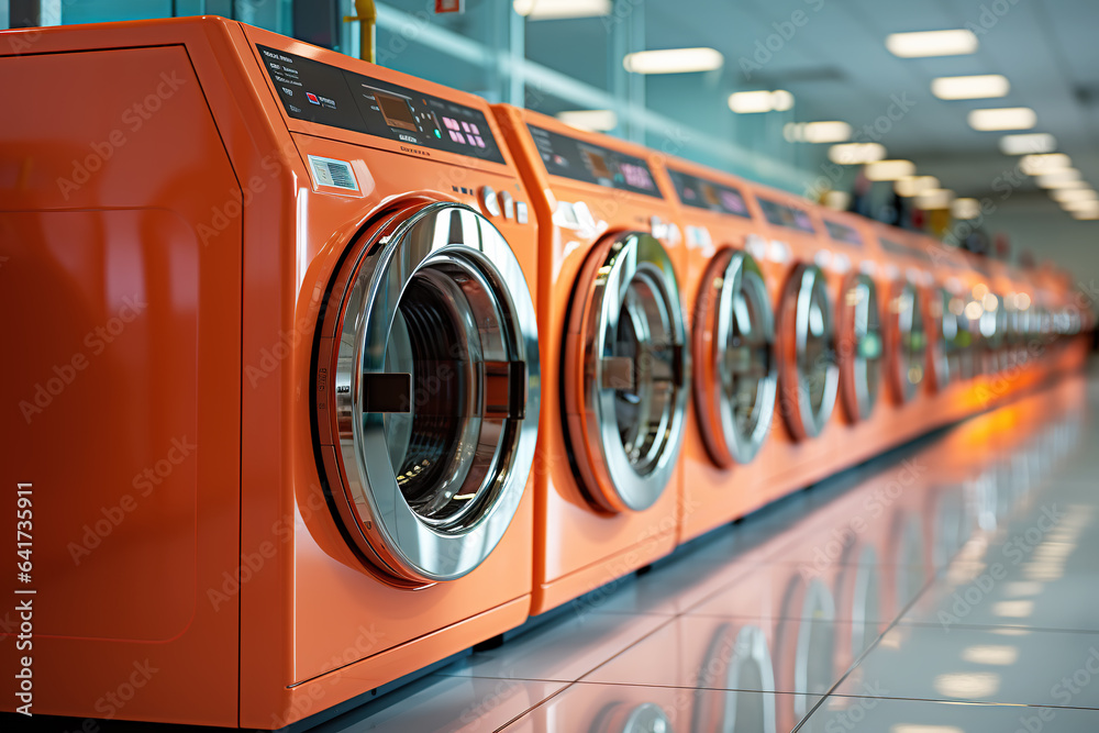 A row of industrial washing machines in a public laundromat