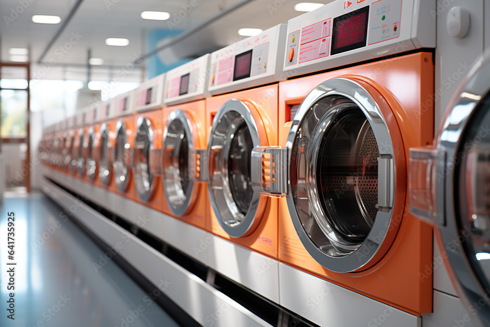 A row of industrial washing machines in a public laundromat