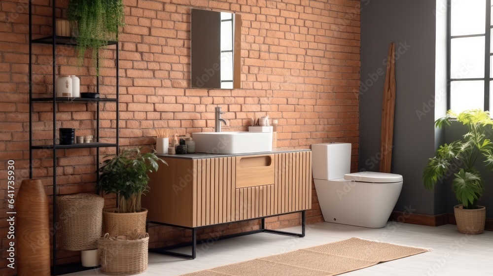 Comfortable and tidy toilet toiletries, sink, mirror and table, Interior of bathroom in modern house