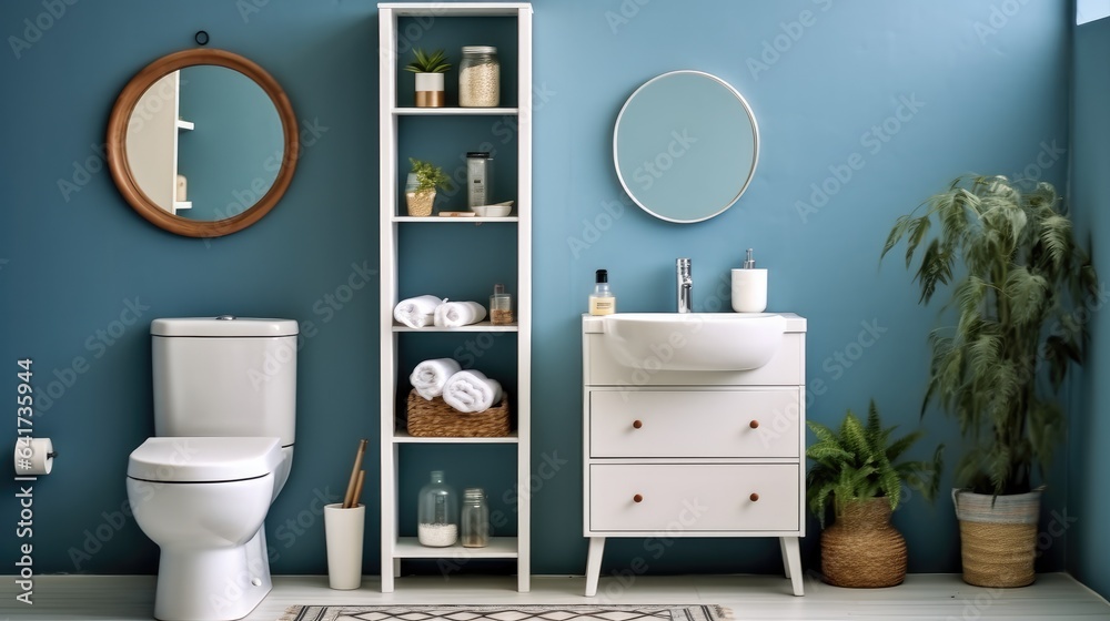 Bathroom and wash basin with shelving unit, Modern bathroom.