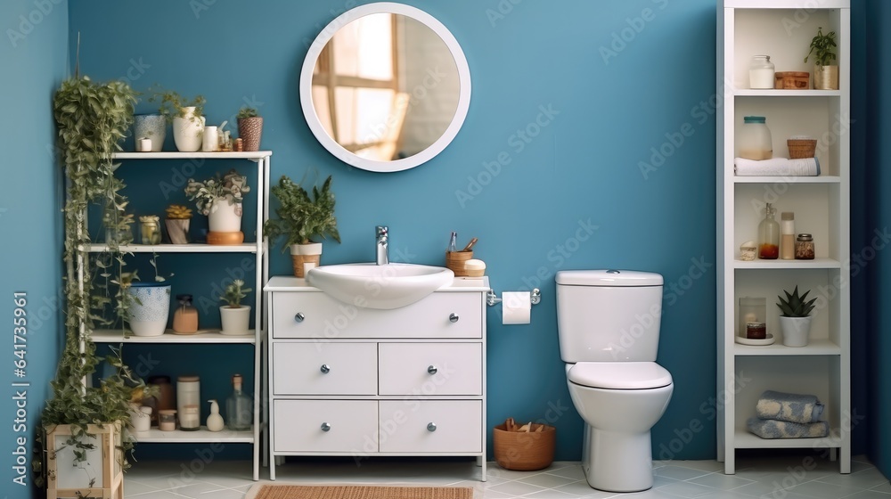 Modern bathroom interior, Ceramic toilet bowl with shelving unit.