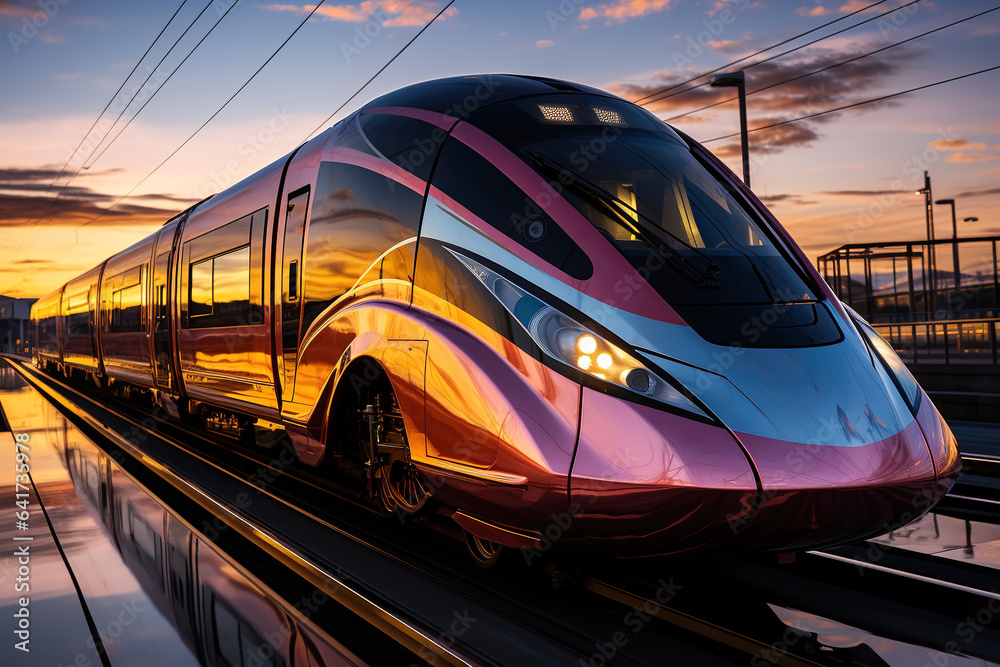 High speed train in motion on the railway station at sunset. Fast moving modern passenger train on r