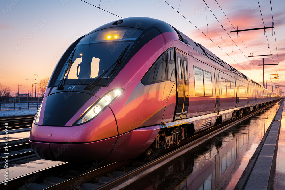 High speed train in motion on the railway station at sunset. Fast moving modern passenger train on r