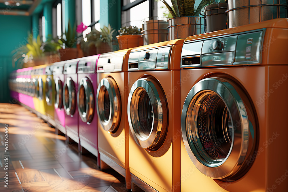 A row of industrial washing machines in a public laundromat