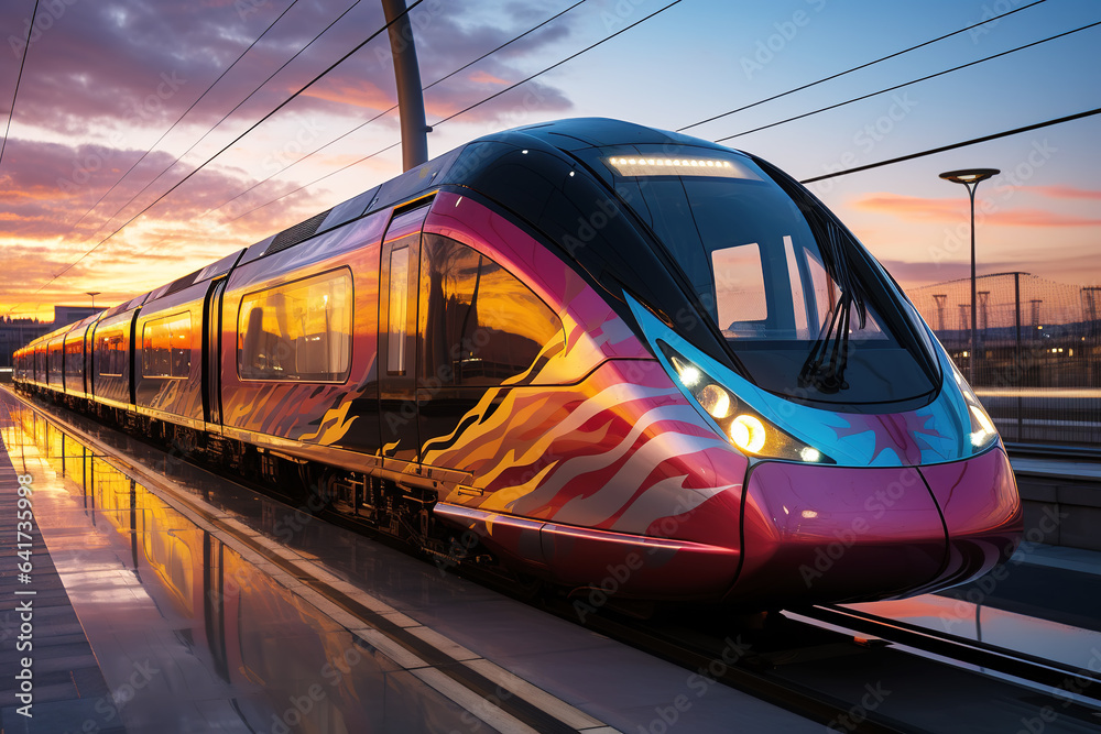 High speed train in motion on the railway station at sunset. Fast moving modern passenger train on r