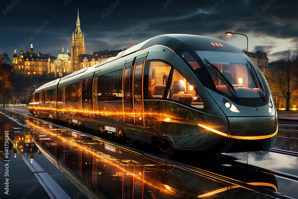 High speed train in motion on the railway station at sunset. Fast moving modern passenger train on r