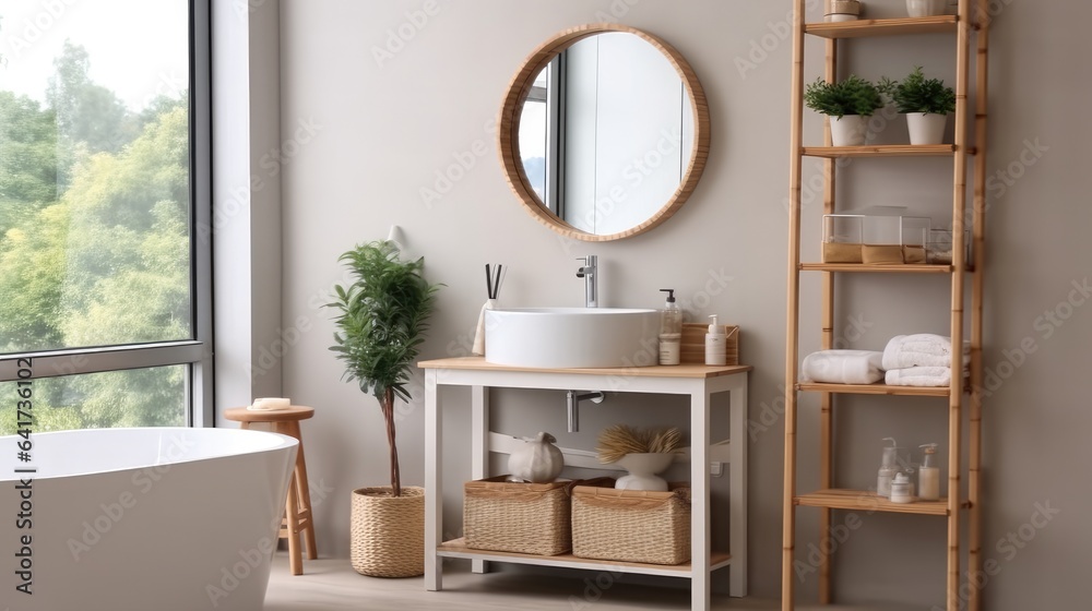 Modern of bathroom with sink bowl on dressing table, Stool and mirror with shelving unit.