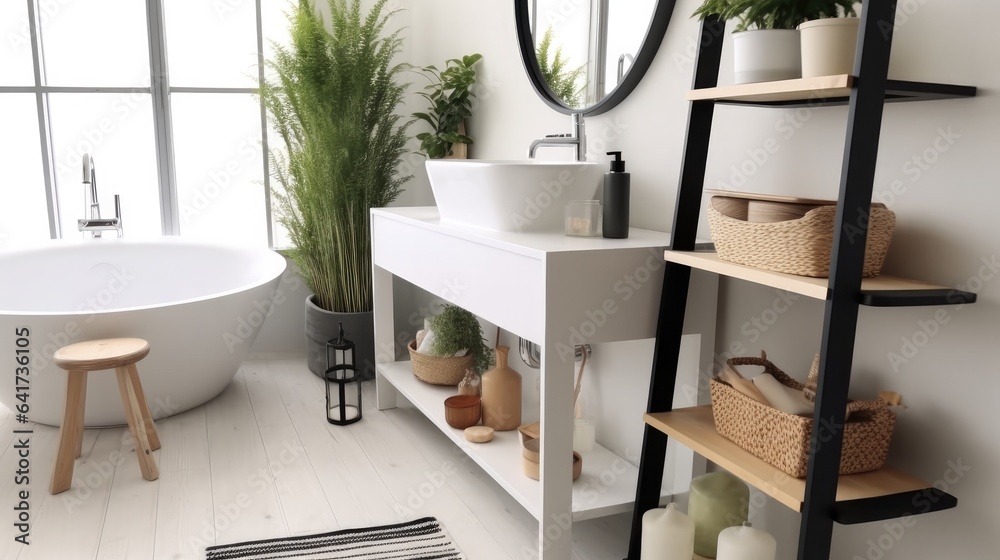 Modern of bathroom with sink bowl on dressing table, Stool and mirror with shelving unit.