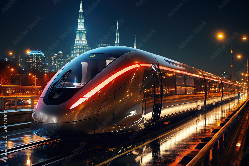 High speed train in motion on the railway station at sunset. Fast moving modern passenger train on r