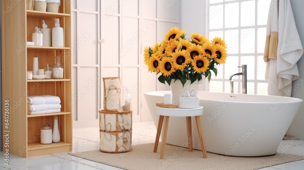 Modern of bathroom with white sink, Bathtub and shelving units.