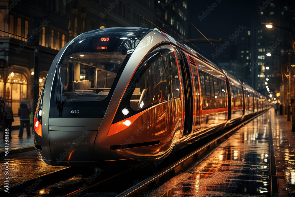 High speed train in motion on the railway station at sunset. Fast moving modern passenger train on r